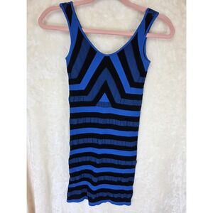 Bebe Turkish Sea Blue Black Chevron Striped Ribbed Bandage Knit mini dress